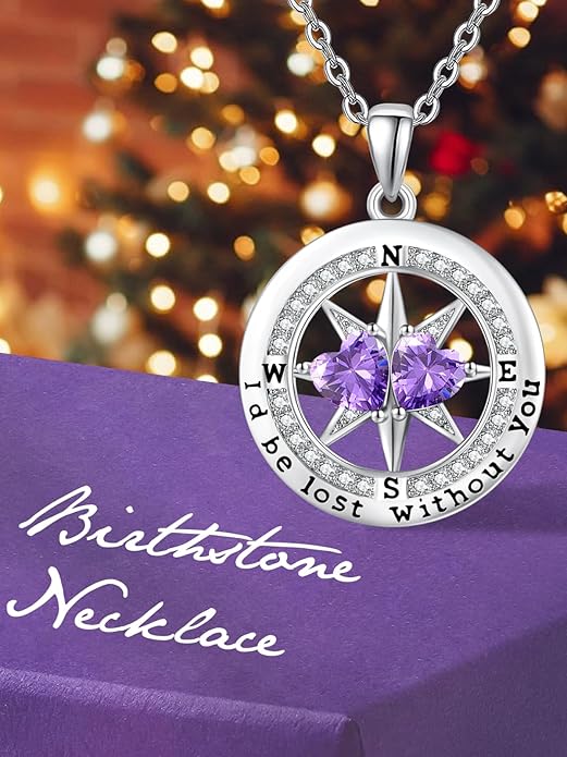 Compass Birthstones Necklace for Women, Exquisite Anniversary Birthday Gifts for Wife Her Double Birthstone Pendant jewelry ‘I'd be Lost Without You’