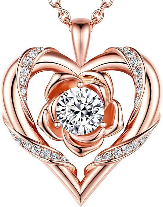 Beam & Bask Rose Flower Heart Moissanite Necklaces for Wife, S925 Silver Pendant for Women, 18K Gold Plated Jewelry for Her Girlfriend Mom for Anniversary Birthday