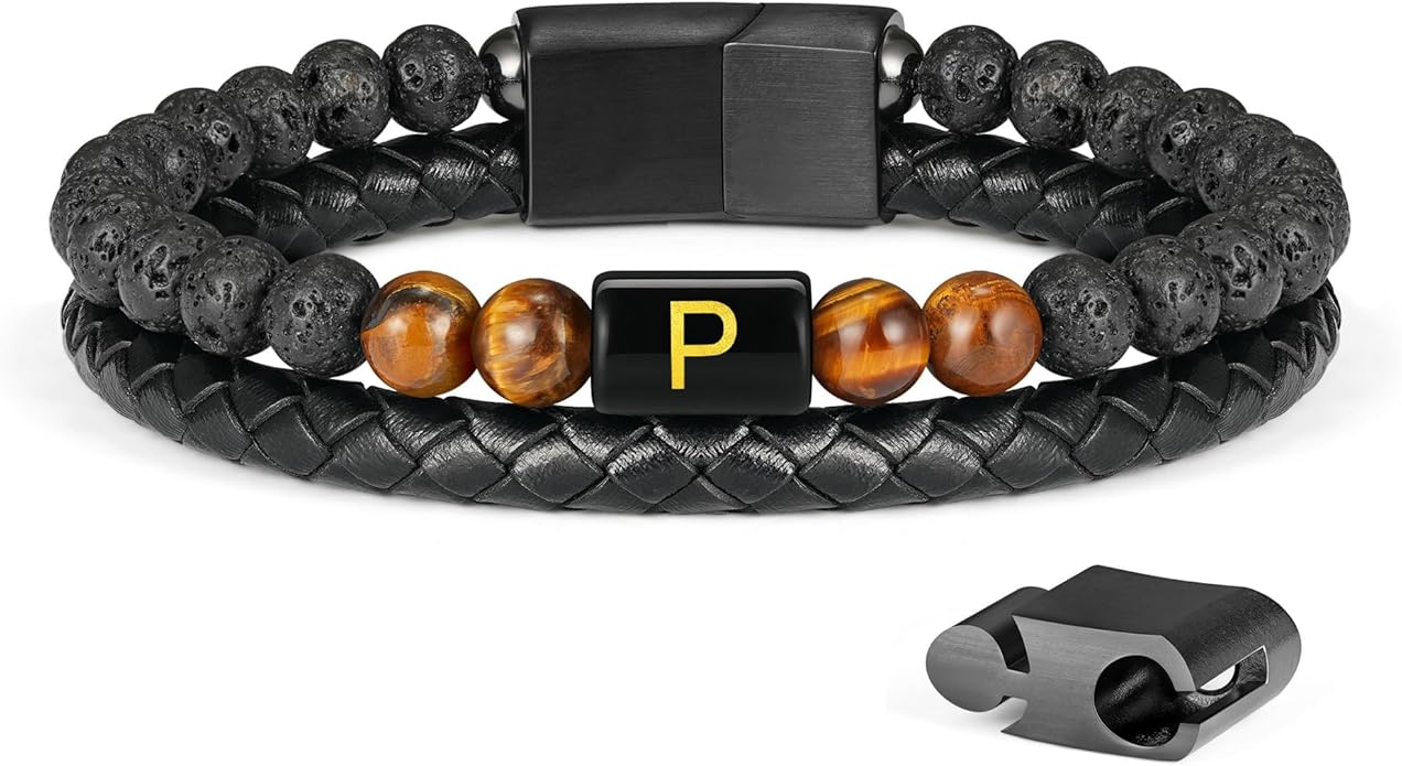LUXEJEW Gifts for Men - Mens Bracelet, Beaded Leather Initial Bracelet 6mm Matte Agate Stone Handmade Bracelets Adjustable Stainless Steel Magnetic Clasp Mens Jewelry Gifts