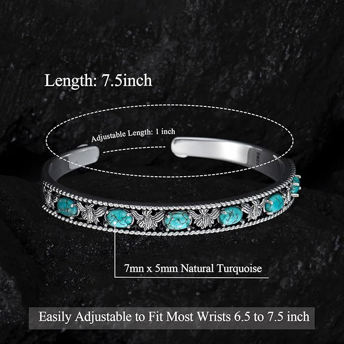 Native American Genuine Turquoise Cuff Bracelet for Women 925 Sterling Silver Turquoise Boho Bangle Adjustable Fit for 6.5 to 7.5 Inch