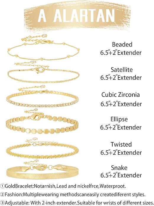 Gold Bracelets for Women 14K Gold Plated Stack Trend Bracelets Charm Paperclip Chain Cuban Link Layered Waterproof Bracelet Dainty Bracelet for Women Jewelry Gifts