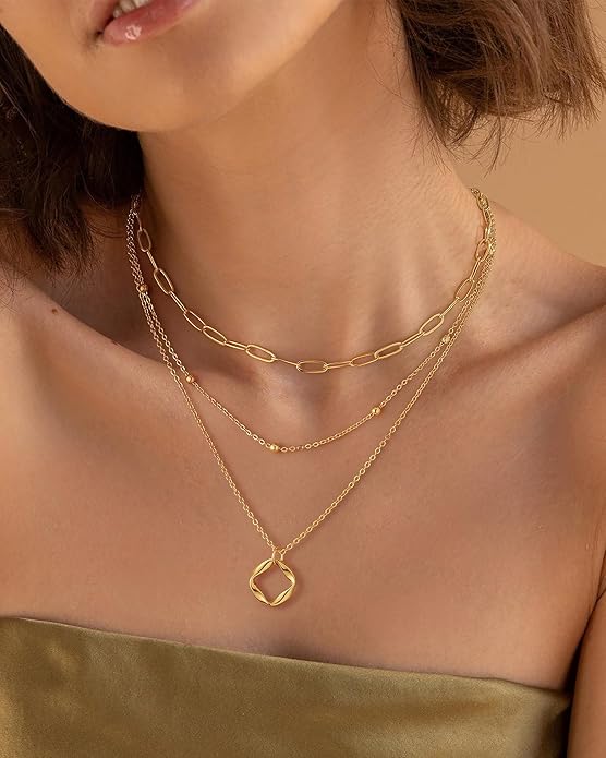 Layered Gold Silver Necklace for Women Non Tarnish,Dainty Choker Statement Chunky Necklace Stack Charm Pendant Chain Necklace Set 14K Gold Plated Long Stacked Womens Necklaces Trendy Jewelry Gift