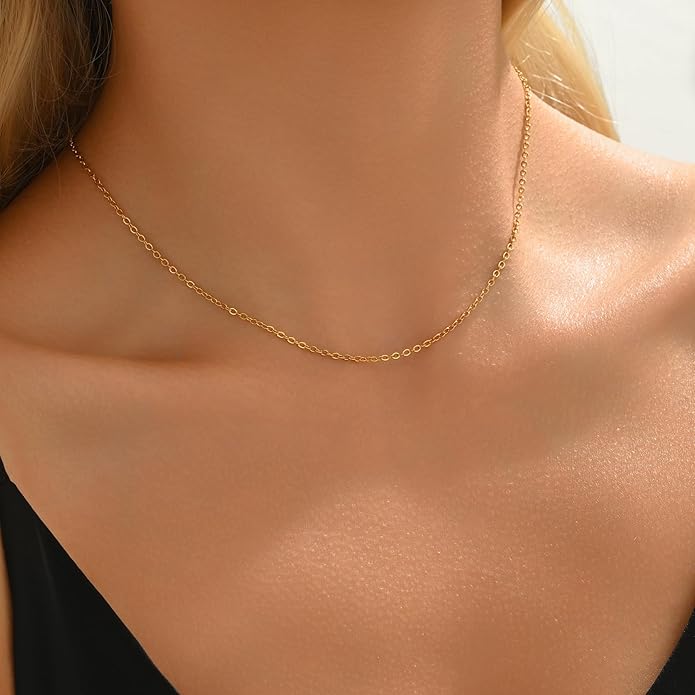 Dainty Chain Necklace for Women, 18K Gold Plated Coin Disc Choker Necklaces Simple Satellite Beaded Twisted Thin Paper Clip Chain Everyday Jewelry Gifts