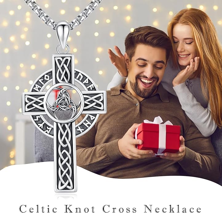 Midir&Etain Celtic Cross Necklace 925 Sterling Silver Cross Pendant Necklace Celtic Viking Irish Jewelry Religious Protective Gift for Men Women
