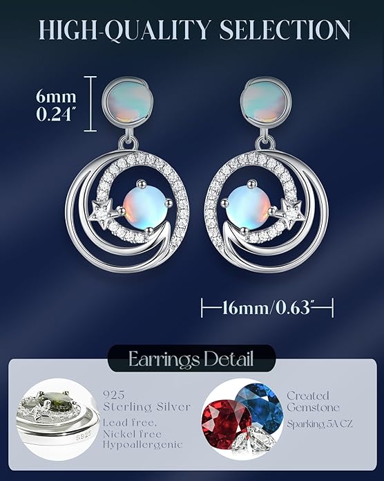 FANCIME Dangle Drop Earrings 925 Sterling Silver Moon Star Round Gemstone Birthstone Jewelry Birthday Christmas Gifts for Her Women