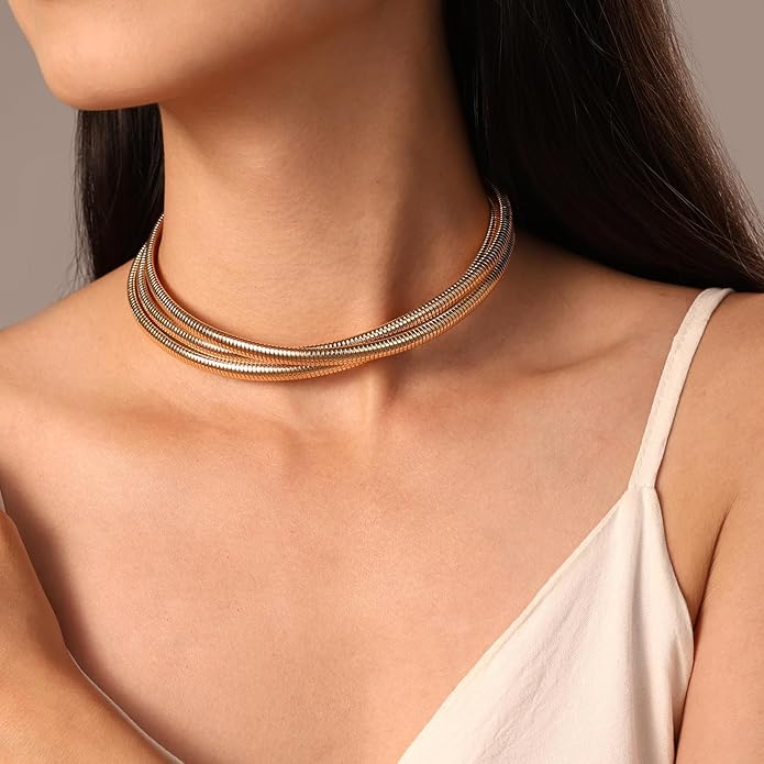 Chunky Stainless Steel Choker Necklace For Women, Gold Striped Flat Snake African Collar Exaggerated Necklace with Adjustable Chain Choker Jewelry for Women