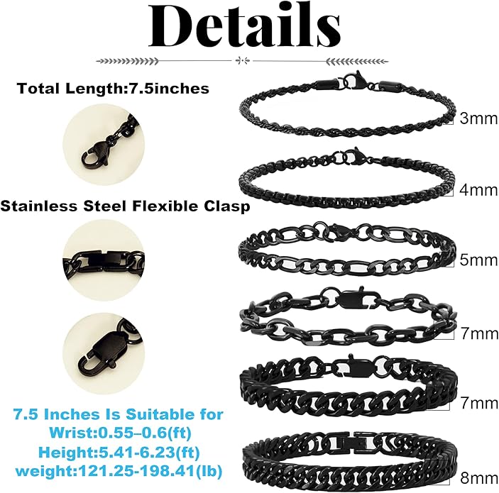 XIANNVXI 6pcs Stainless Steel Bracelets for Men Women Silver/Gold/Black Cuban Link Rope Paperclip Chain Bracelets Set 6.5/7/7.5/8.3/9 Inches Metal Bracelet Mens Fashion Accessories Jewelry Set
