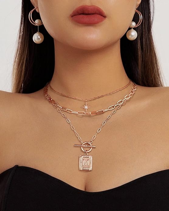 MJartoria Layered Initial Necklaces for Women Trendy, 14K Gold Plated Brass Simple Star Choker Square Letter Pendant Necklace, Paperclip Chain Necklaces Jewelry Gifts