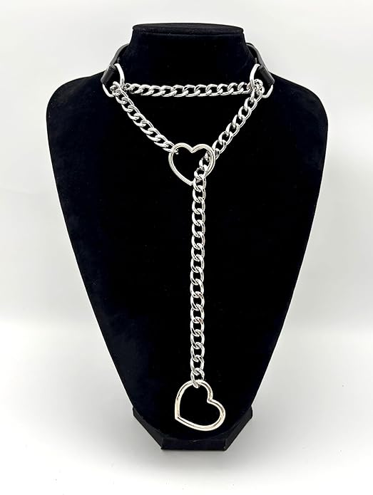 Black Leather Choker Collar For Women, Handmade Heart Slip Chain Choker Long Necklace with Adjustable Buckle