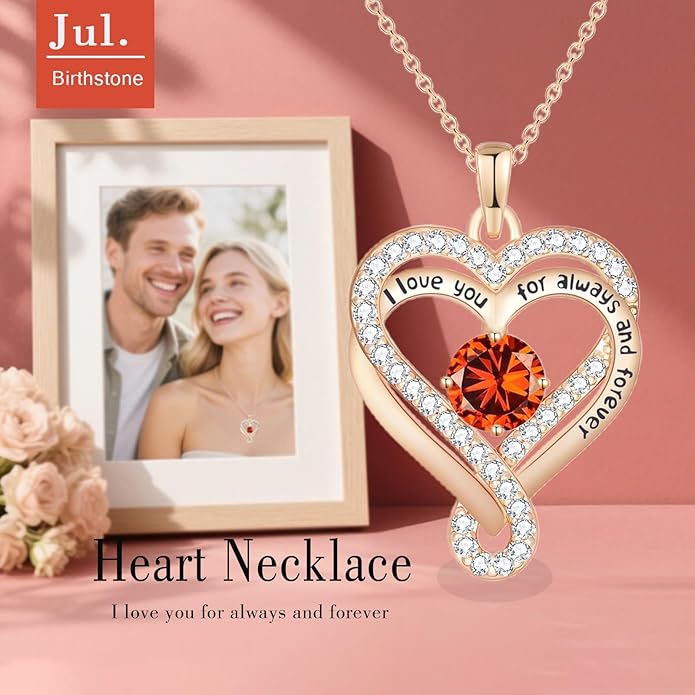 Birthstone Heart Necklaces for Women, Infinity Pendent S925 Sterling Silver Jewelry for Women, Wedding Anniversary, Birthday Mother’s Day Gifts for Mom, Mother, Wife, Girlfriend