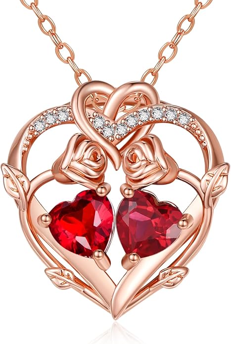 Rose Gold Necklaces for Women Double Birthstone Rose Flower Heart Pendant Necklace Jewelry Anniversary Christmas Valentine's Mother's Day Birthday Gift for Wife Mom Her Girlfriend Sister