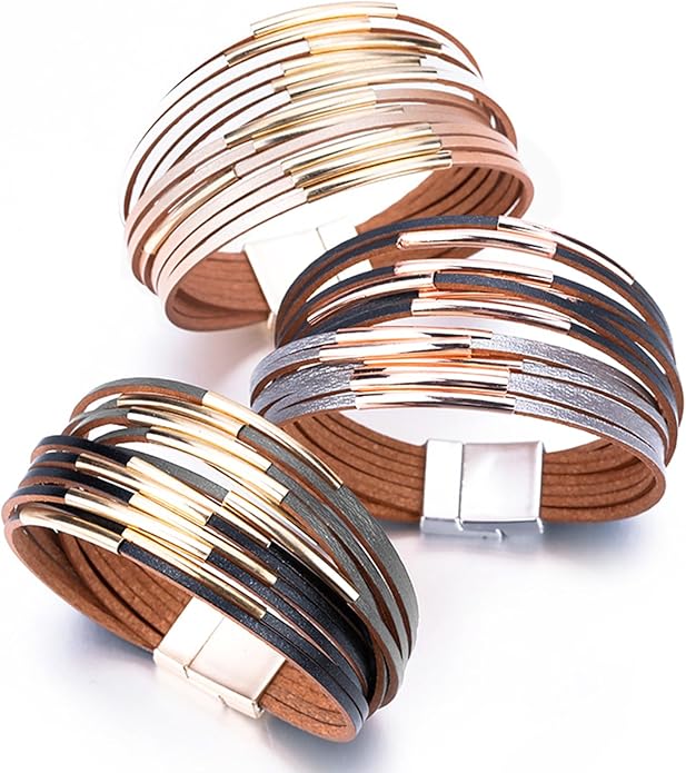 Fesciory Leather Wrap Bracelets for Women, Boho Leopard Multi-Layer Crystal Beads Cuff Bracelet Jewelry