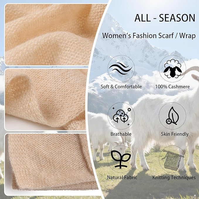 WASALUYA 100% Cashmere Scarf for Women - Knitted Lightweight Travel Wrap, Soft Large Shawl, 71x24 Inches, Luxury Gift