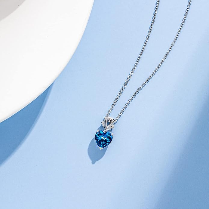 AGVANA Christmas Gifts 14K White Gold Gemstone Pendant with Sterling Silver Chain 8mm Heart Birthstone Necklace for Women Fine Jewelry Anniversary Birthday Gifts for Women Mom Wife Girlfriend Her