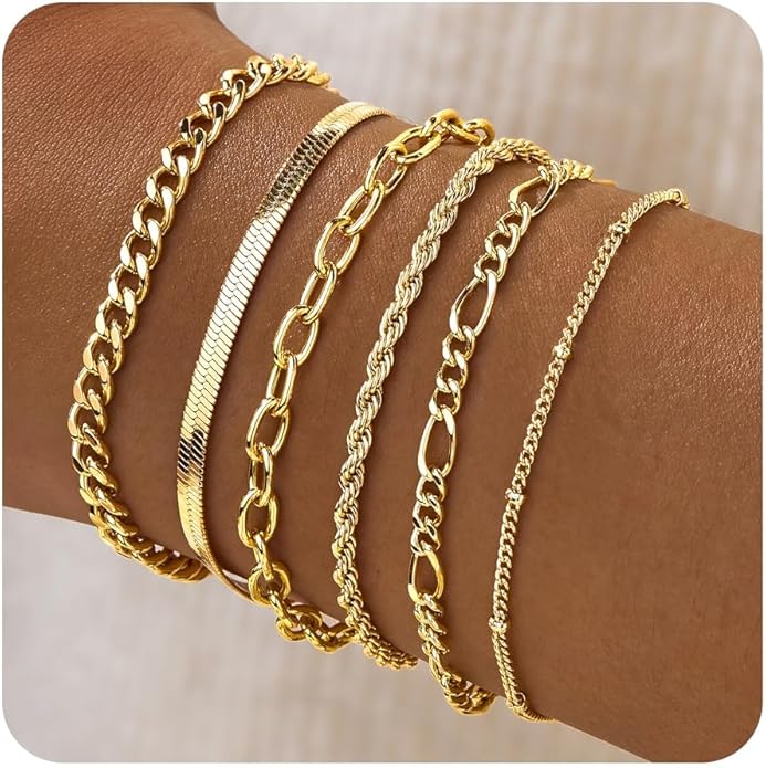 Gold Bracelets for Women Trendy,14K Gold Plated Dainty Stackable Paperclip Cuban Link Chain Bracelets, Simple Cute Cuff Bracelets Jewelry Set Adjustable 7"+2"