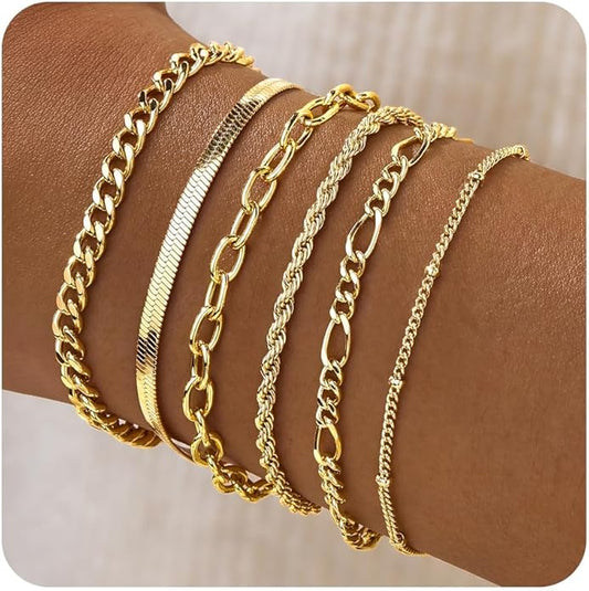 Gold Bracelets for Women Trendy,14K Gold Plated Dainty Stackable Paperclip Cuban Link Chain Bracelets, Simple Cute Cuff Bracelets Jewelry Set Adjustable 7"+2"