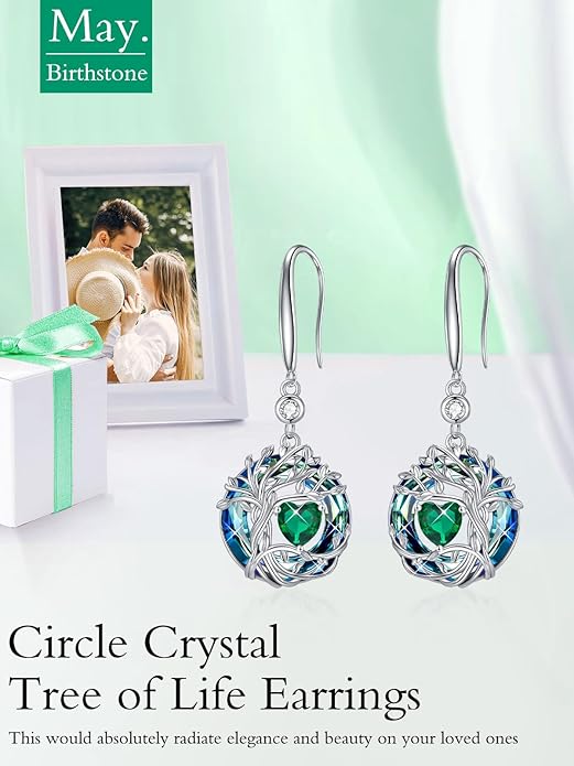 TOUPOP Tree of Life Birthstone Earrings for Women 925 Sterling Silver Family Tree Dangle Earrings Austrian Crystal Jewelry Birthday Christmas Gifts for Her Girlfriend Wife Mom