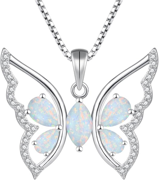 YL Women's Butterfly Necklace 925 Sterling Silver Flower Rose Pendant Birthstone Halo Jewelry