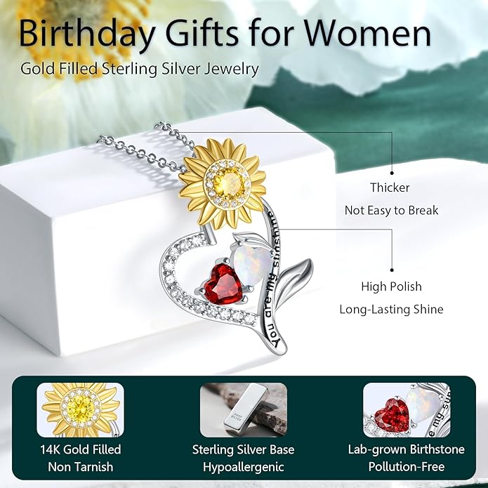PERJI Valentine's Day Gifts for Women - 925 Sterling Silver Double Birthstone Sunflower Necklace, Anniversary Birthday Jewelry You are My Sunshine Gifts for Wife Couple Girlfriend 18"+2" Non Tarnish