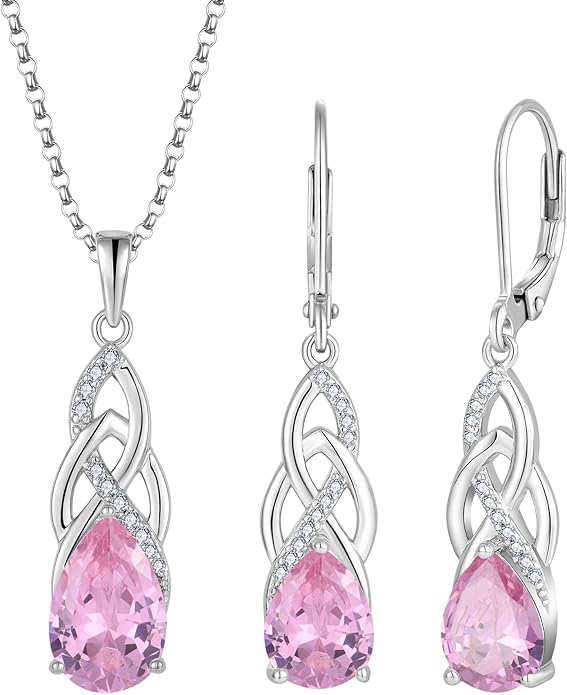 JO WISDOM Celtic Knot Infinity Jewelry Set for Women 925 Sterling Silver Pink Tourmaline Dangle Drop Leverback Earrings October Birthstone Necklace Pendant Gemstone Jewelry