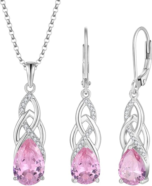 JO WISDOM Celtic Knot Infinity Jewelry Set for Women 925 Sterling Silver Pink Tourmaline Dangle Drop Leverback Earrings October Birthstone Necklace Pendant Gemstone Jewelry