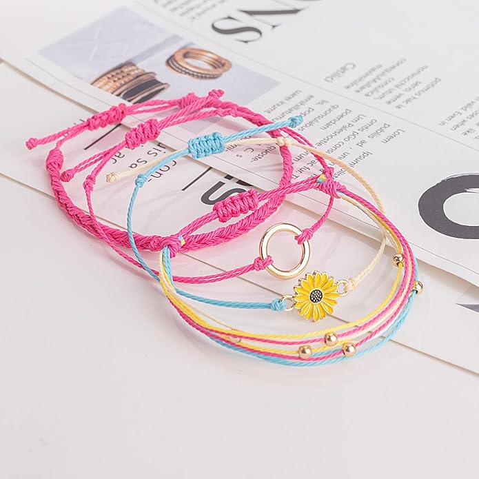 FANCY SHINY Sunflower String Bracelet Boho Braided Rope Wrap Bracelets Cute Summer Beach Surfer Jewelry for Women