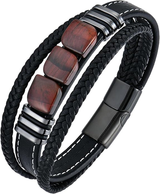 STARCHENIE Multi Strand Bracelet for Men Square Authentic Tiger Eye Black Braided Leather Mens Bracelet and Stainless Steel Buckle