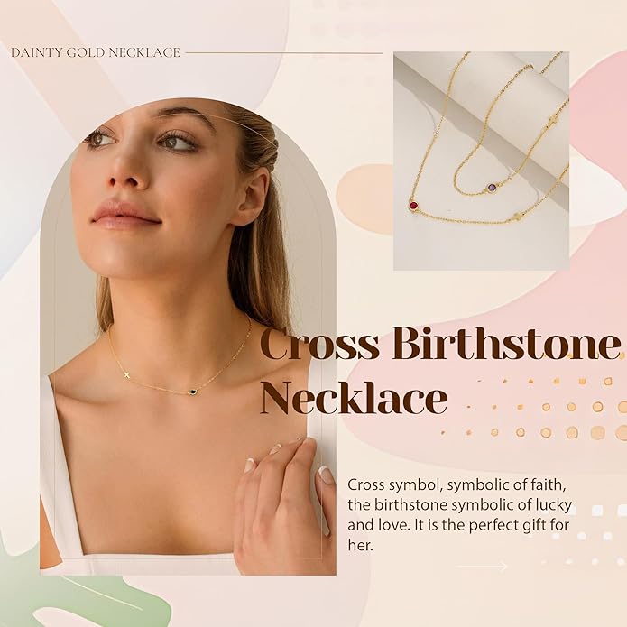 Gold Cross Necklaces for Women, 1-12 Birthstone Necklace Stocking Stuffers for Her Faith Confirmation Gifts for Teen Girls Virgin Mary Necklace Gifts for Christians Birthday Baptism Religious Jewelry