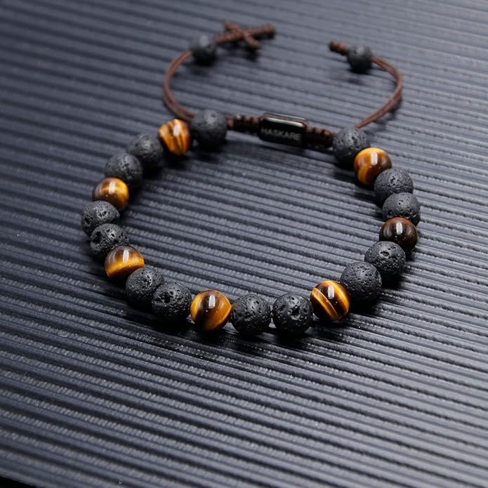 HASKARE Triple Protection Crystal Bracelets for Men, Premium Tiger Eye Bracelet Lava Healing Bracelet Fathers Day Gift, Handmade Cross Stress Relief Beads Bracelets Mens Jewelry Gift for Dad Grandpa