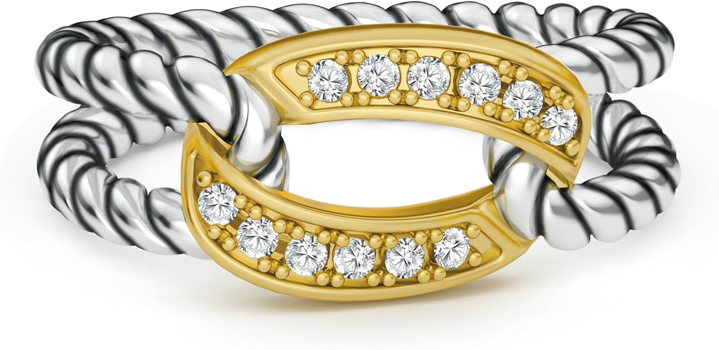 Two-Tone Wide Statement Ring for Women - Gold Silver Crossover Band with Ribbed Texture - Modern Fashion Jewelry Cocktail Ring - Mixed Metal Layered Design