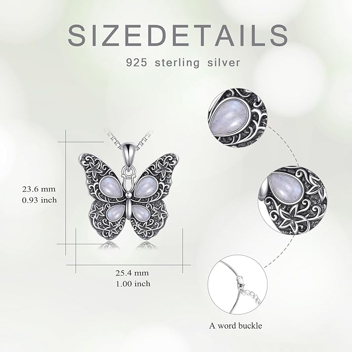 Butterfly Moonstone Necklace, 925 Sterling Silver Vintage Pendant with Natural Gemstone, Boho Hypoallergenic Jewelry Gift for Her