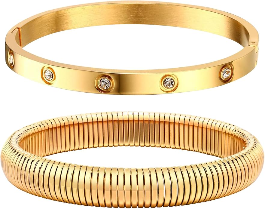 MPRAINBOW Gold Bracelets for Women, 2Pcs 18K Gold Plated Cubic Zirconia Bangle Crystal Friendship Bracelet Jewelry,Wedding Party Christmas Birthday Gifts for Her Girlfriend Sister Daughter