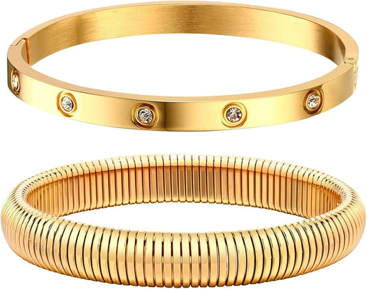 MPRAINBOW Gold Bracelets for Women, 2Pcs 18K Gold Plated Cubic Zirconia Bangle Crystal Friendship Bracelet Jewelry,Wedding Party Christmas Birthday Gifts for Her Girlfriend Sister Daughter