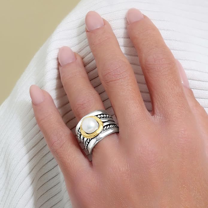 JEAN RACHEL JEWELRY Mixed Metal Two Tone Ring for Women – Pearl Rope Bead – 925 Sterling Silver & 14K Gold Over Silver – Freshwater Pearl Statement Ring – Hypoallergenic Design