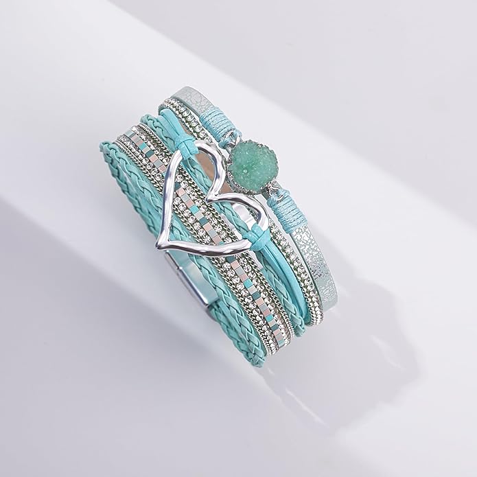 FANCY SHINY Heart Leather Wrap Bracelets Stackable Boho Cuff Bangles Trendy Resin Stone Rhinestone Bracelets with Magnetic Clasp for Women