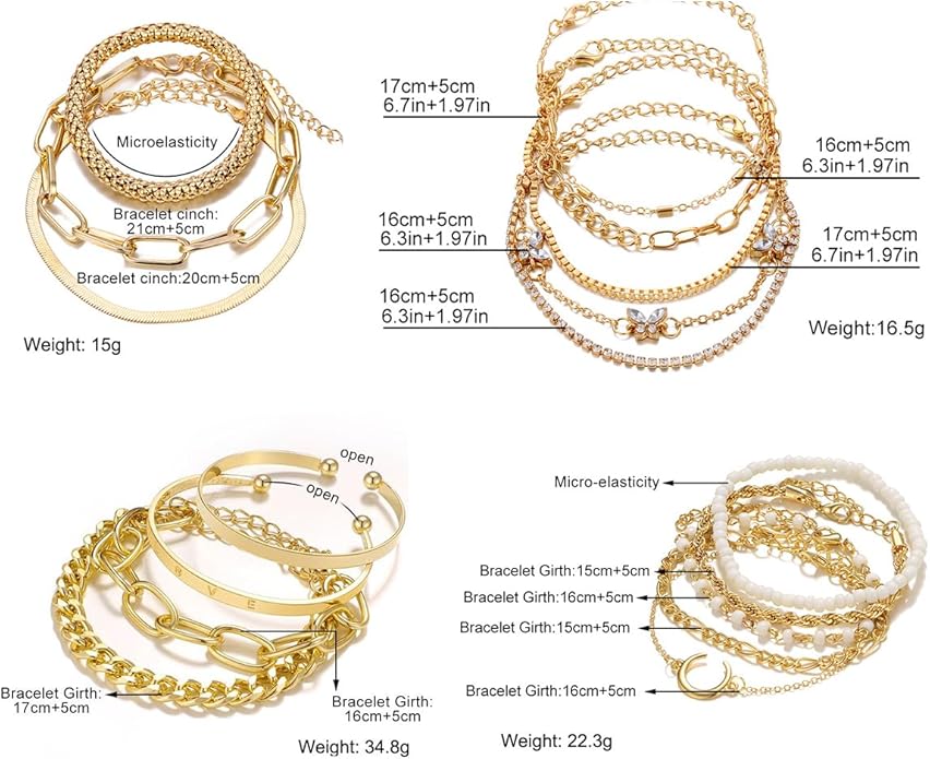 IFNODO 28pcs Gold Chain Bracelets Set for Women 14K Gold Plated Multiple Layered Bangle Adjustable Link Bracelet Anklet Fashion Accessories Jewelry Gift