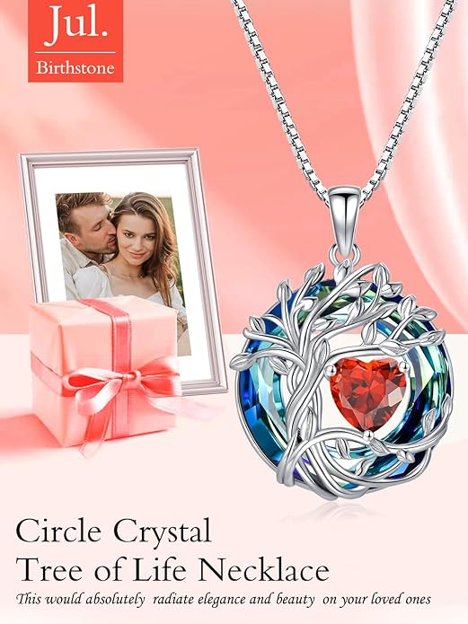 TOUPOP Christmas Gifts Tree of Life Birthstone Necklace 925 Sterling Silver Pendant Austrian Crystal Jewelry Anniversary Birthday Gifts for Women Mom Her Wife