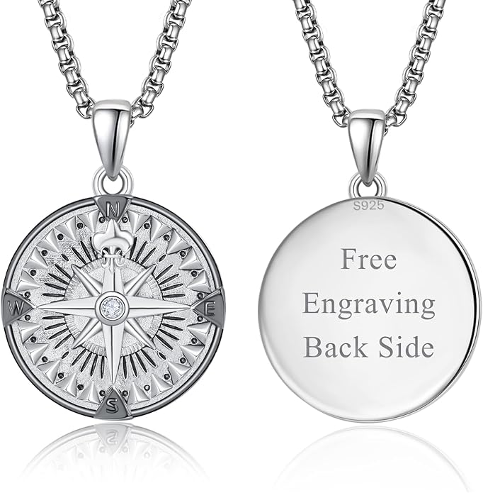KINGWHYTE Compass Necklace for Men 925 Sterling Silver Birthday Gifts Graduation Travel Jewelry for Husband Brother with Stainless Steel Chain