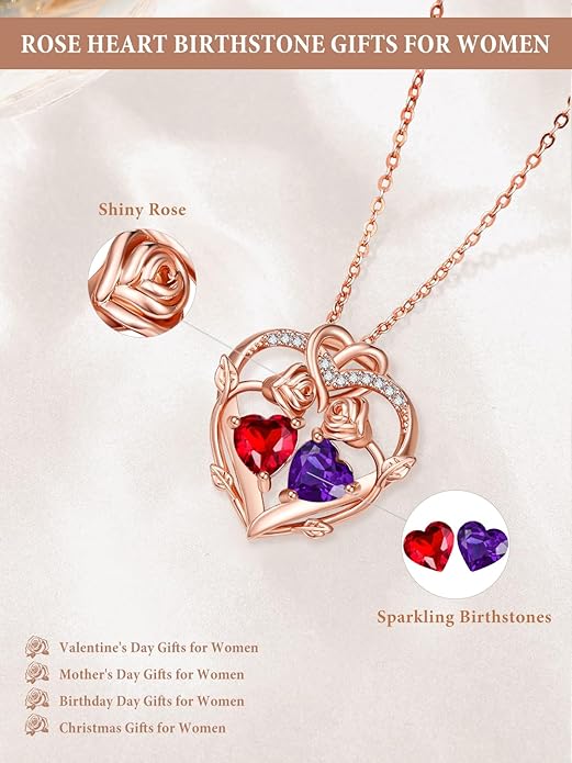 Rose Gold Necklaces for Women Double Birthstone Rose Flower Heart Pendant Necklace Jewelry Anniversary Christmas Valentine's Mother's Day Birthday Gift for Wife Mom Her Girlfriend Sister