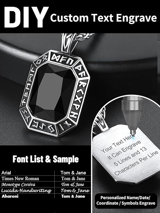 ChainsHouse Viking Rune Pendant Necklace for Men Women, Punk Biker Black Metal/316L Stainless Steel Onyx Norse Vintage Amulet Necklaces with Black/Red/Green/Blue Gemstone, Send Gift Box