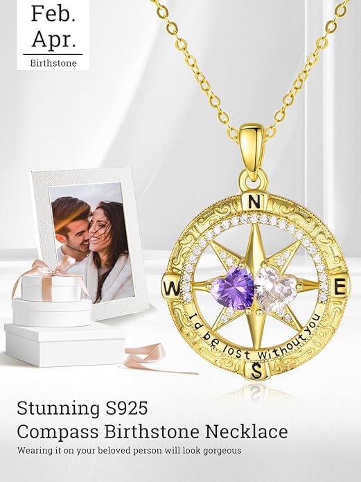 Zeuslia Double Birthstone Necklace Gifts for Wife - 925 Sterling Silver Sunflower/Rose/Crown Cross/Compass/Heart Pendant I Love You Necklace, Anniversary Birthday Gifts for Wife Girlfriend Mom Her