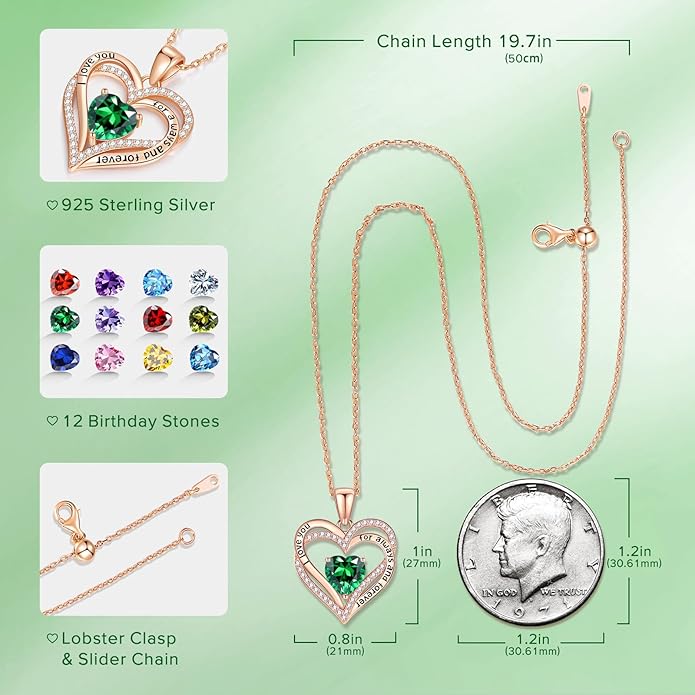 Vakki Birthstone Jewelry for Women Pendant Necklace 925 Sterling Silver Heart Necklace Birthday Gifts for Wife Daughter Girlfriend