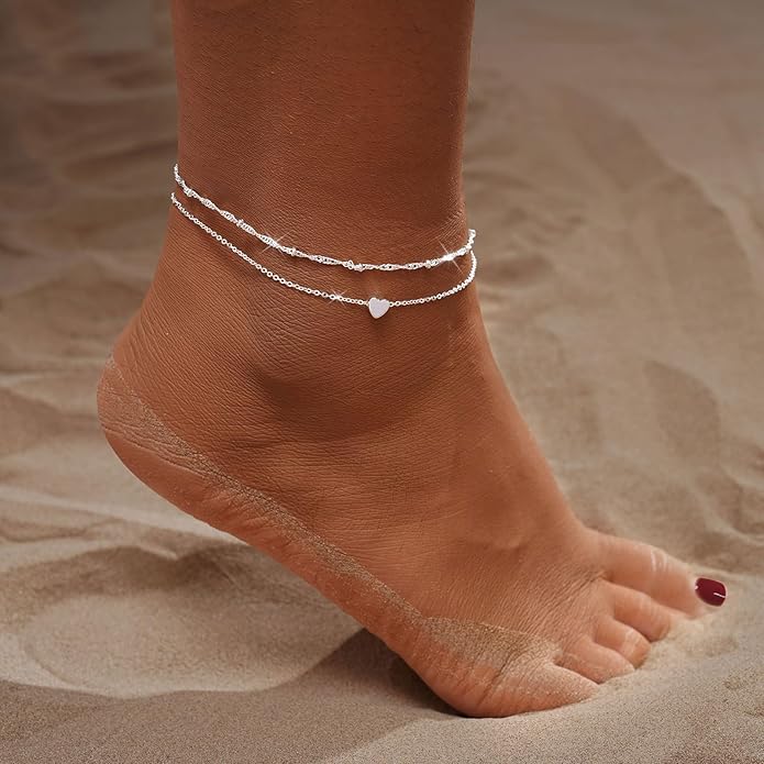 Gold Ankle Bracelets for women,14k Gold/Silver Plated Waterproof Layered lightweight Cuban Link Figaro Chain Heart anklet butterfly anklet Pearl Ankle Bracelets Set Gold Anklets for women Trendy Jewelry Gift for Women
