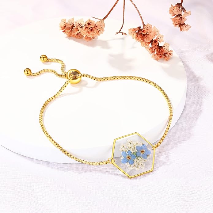 Forget-Me-Not Pressed Wildflower Bracelet | Pressed Flower Bracelet | Gold/Silver Pressed Flower Jewelry | Personalized Handmade Jewelry | Gift For Women