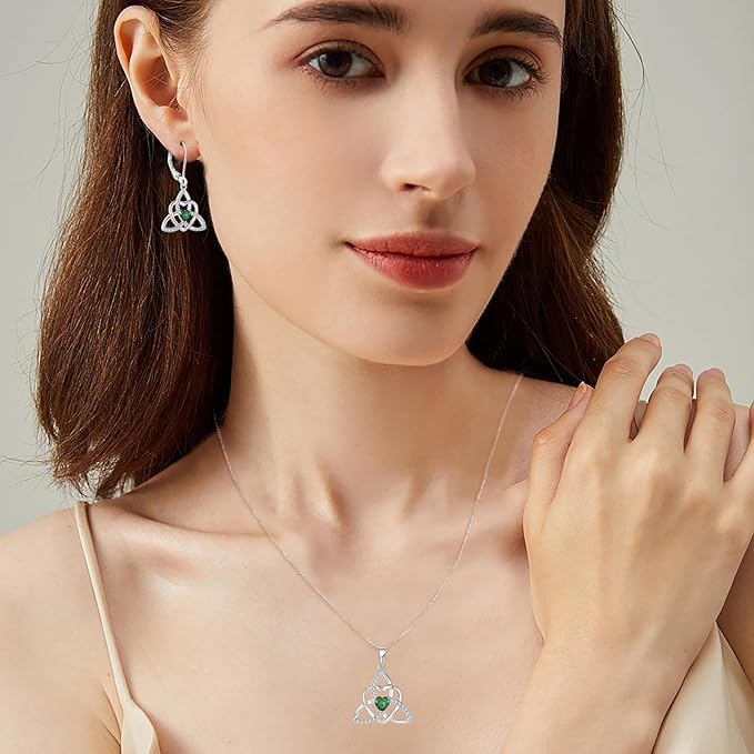 Trinity Knot Necklace Earrings 925 Sterling Silver Celtic Love Heart Knot Pendant Emerald Birthstone May Jewelry Set for Women