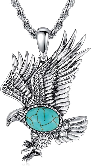 BETHZA Eagle Necklace for Men 925 Sterling Silver Real Gemstone Vintage Hawk Pendant Western Viking Animal Jewelry Gifts for Father
