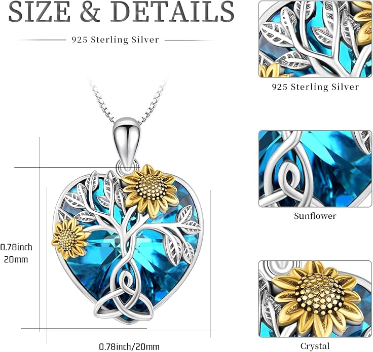 CHENGHONG Sunflower Necklace 925 Sterling Silver Tree of Life Necklace Daisy/Rose/Sunflower Pendant Necklace Sunflower Jewelry Gifts for Women Mom