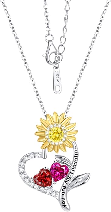 PERJI Valentine's Day Gifts for Women - 925 Sterling Silver Double Birthstone Sunflower Necklace, Anniversary Birthday Jewelry You are My Sunshine Gifts for Wife Couple Girlfriend 18"+2" Non Tarnish