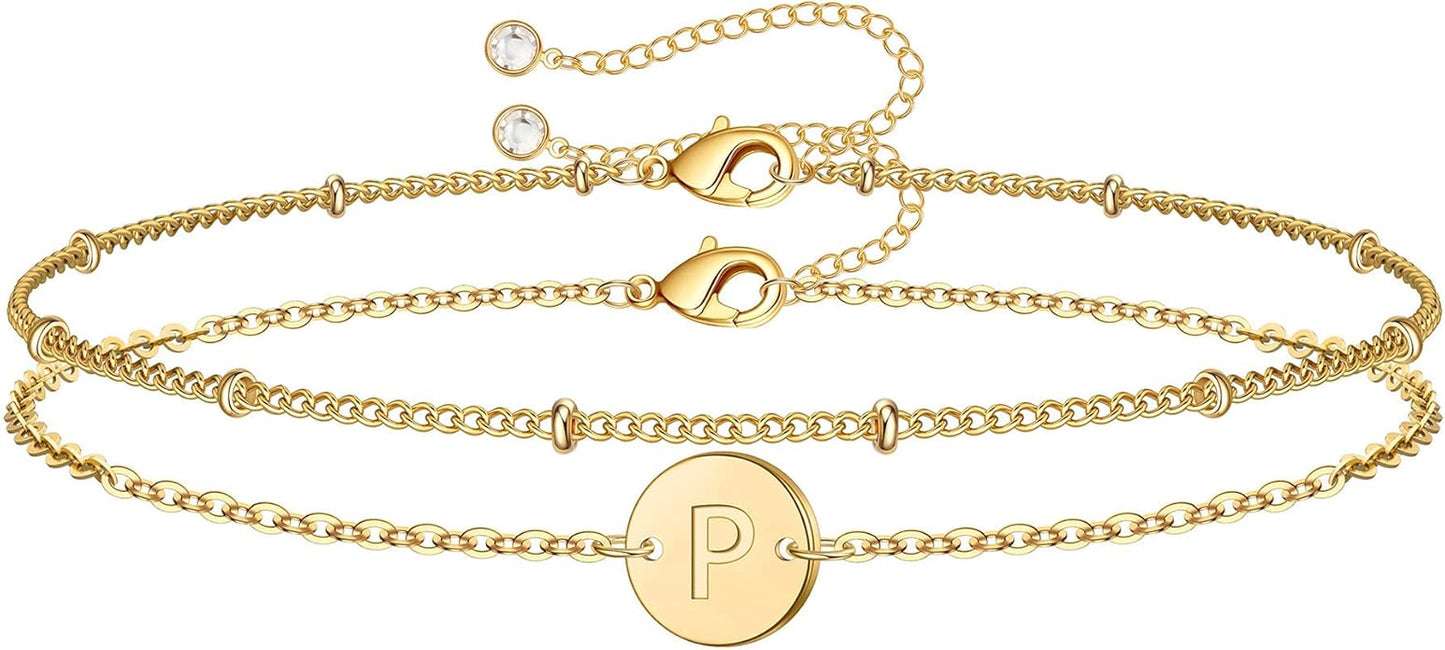 MONOZO Gold Initial Bracelets for Women Girls Christmas Gifts - Dainty 14K Gold Plated Layered Beaded Letter Initial Bracelet 26 Alphabet Disc Monogram Charm Bracelet Jewelry Christmas Gifts for Women
