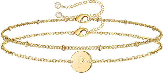 MONOZO Gold Initial Bracelets for Women Girls Christmas Gifts - Dainty 14K Gold Plated Layered Beaded Letter Initial Bracelet 26 Alphabet Disc Monogram Charm Bracelet Jewelry Christmas Gifts for Women